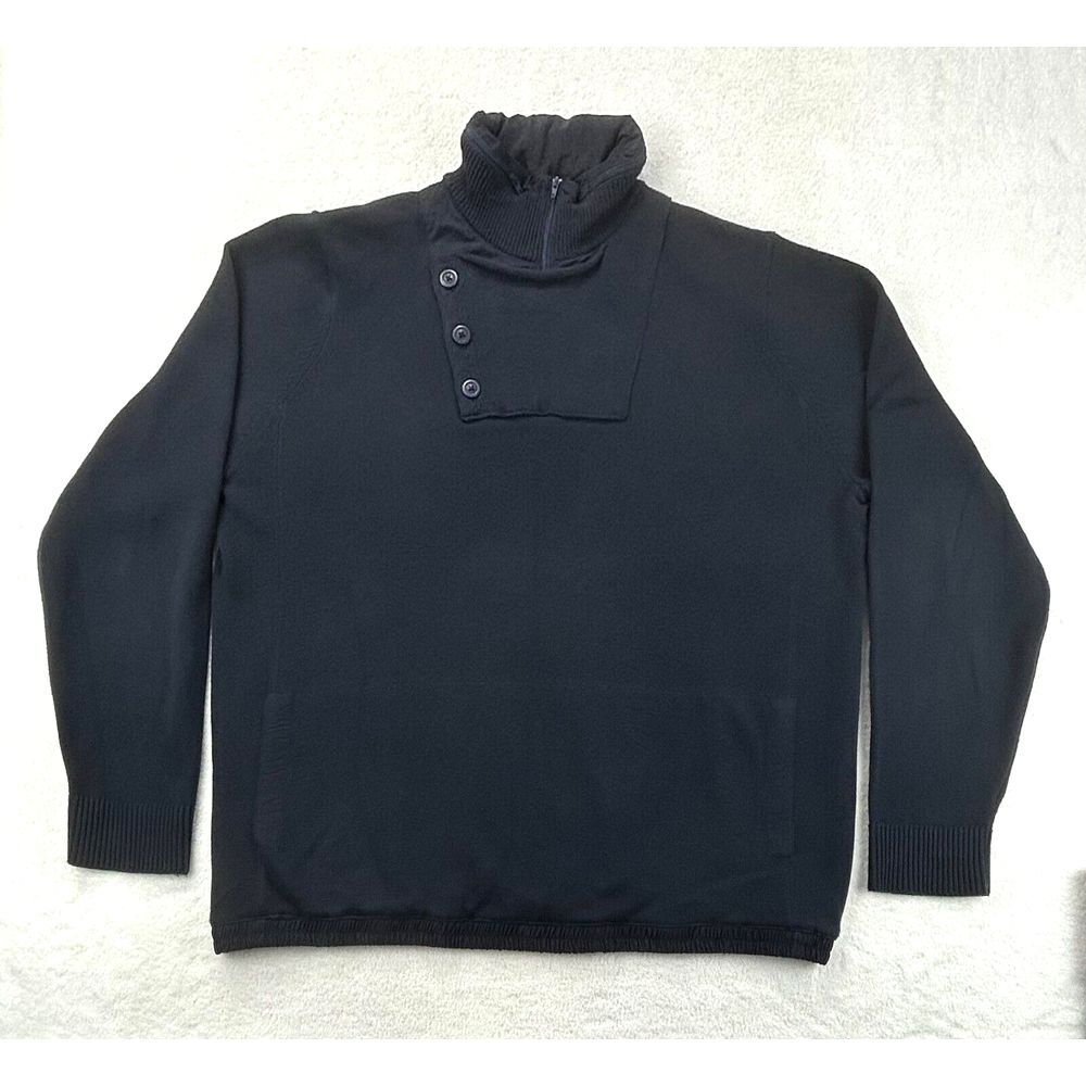Orvis Knit 3 Button Flap Pullover Sweater Hidden Hood Men L Navy Blue